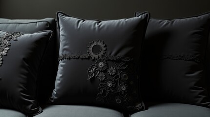 Collection of black velvet and lace pillows on deep sofa, luxurious cozy comfort and opulent dark academia style