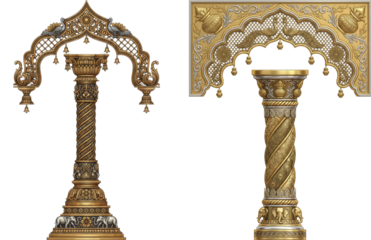Exquisite Golden Mandap Arch and Carved Column with Intricate Indian Art for Luxury Wedding Reception and Religious Festival Decor.