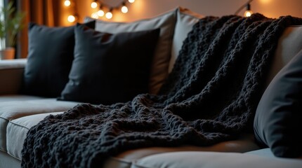 Black crochet blanket on grey sofa with velvet pillows, cozy gothic living room and inviting dramatic comfort