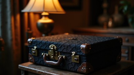 Black lace cloth covering vintage leather suitcase side table, dark eclectic decor and mysterious personal corner