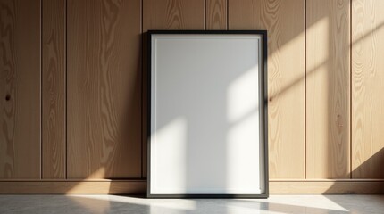 Black framed artwork leaning on oak wood paneled wall, modern gallery style and curated personal corner. copy space