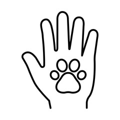 Obraz premium Human hand and pet paw care connection icon with editable stroke.