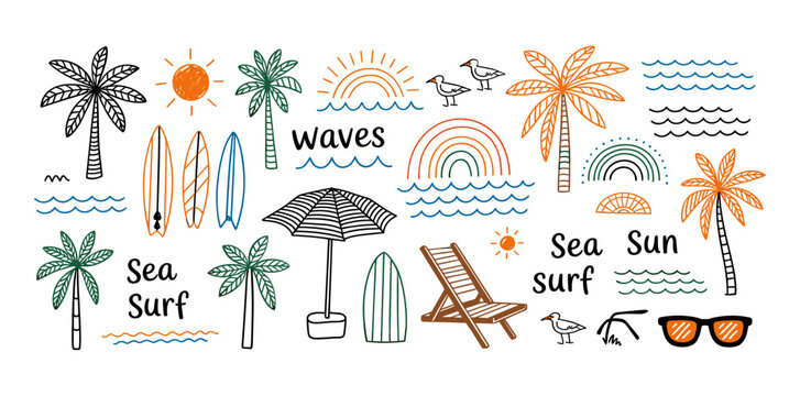 Hand-drawn doodle beach and surf icon vector set in retro colors with tropical elements like palm trees, waves, surfboards, and sun. Perfect for summer designs, t-shirts, posters, and coastal designs.