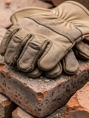 Worn work gloves resting on a brick amidst construction site debris