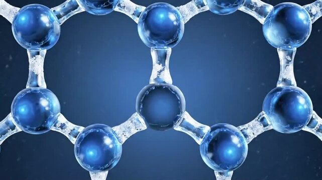 Water molecules freezing into hexagonal ice crystal lattice in time-lapse.