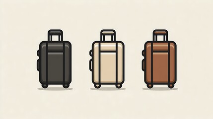 Three stylized, different-colored suitcases ready for travel; minimalist icon on beige backdrop