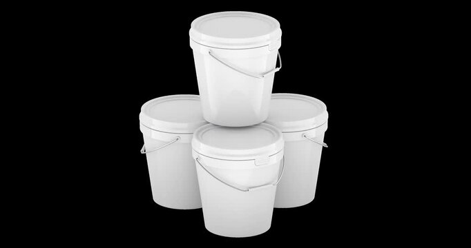White plastic buckets with lids and metal handles rotation animation seamlessly loopable. 3D rendering isolated on transparent background