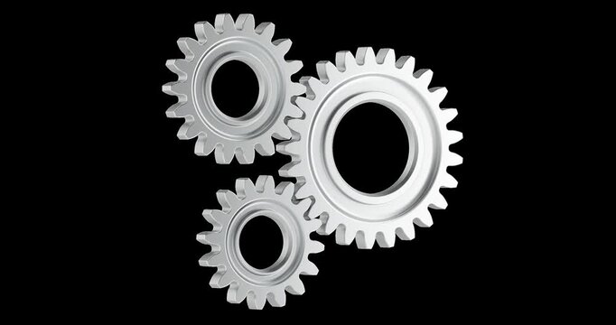 Three silver metal gears rotation animation seamlessly loopable. 3D rendering isolated on transparent background