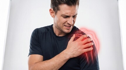 Young man athlete suffering from acute shoulder joint pain