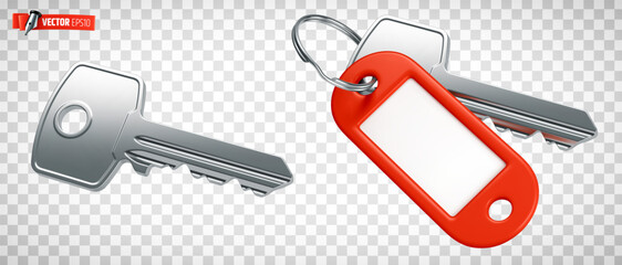 Vector realistic illustration of keys with an empty red label on a transparent background.