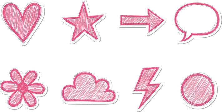 Hand Drawn Pink Scribble Doodle Icons and Symbols with Sticker Outline.eps