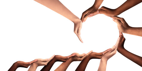Collaboration And Inclusion as Business Unity and diversity partnership as hands joining in a group of diverse people connected together shaped as a support circle symbol of group team.