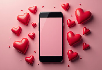 Digital love concept for Valentine&rsquo;s Day, smartphone surrounded by heart shapes, minimal futuristic style, copy space