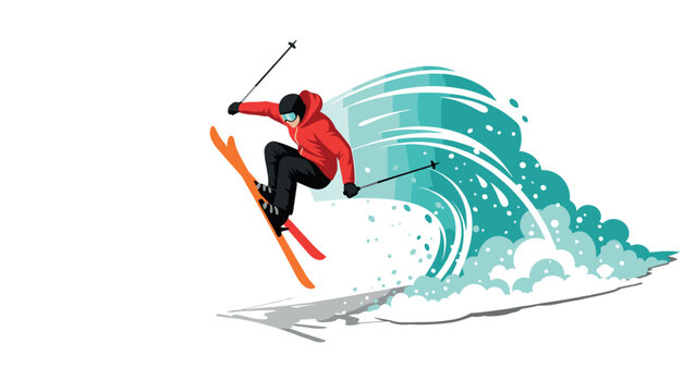 Dynamic skier performing freestyle jump with snow trail on white background