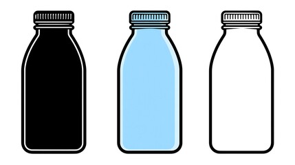 Three stylized, symmetrical bottles with different colored fills and screw-top lids