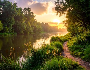 Tranquil River Scene at Sunset with Lush Greenery.
