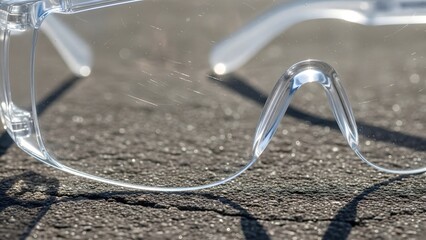 Clear safety glasses lying on a textured asphalt surface