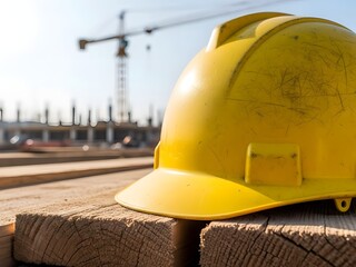 Yellow hard hat on wooden planks at a construction site with crane in background