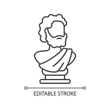 Ancient statue linear icon. Art history. Ancient greek sculpture. Sculpted philosopher bust. Thin line customizable illustration. Contour symbol. Vector isolated outline drawing. Editable stroke