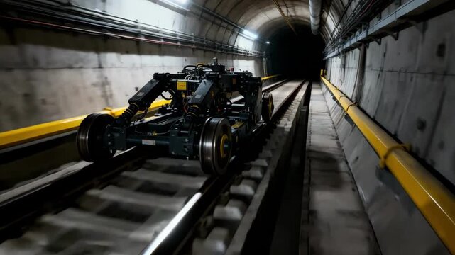Focused medium shot of specialized rail tunnel boring equipment navigating confined spaces emphasizing advanced mechanical design and operation.