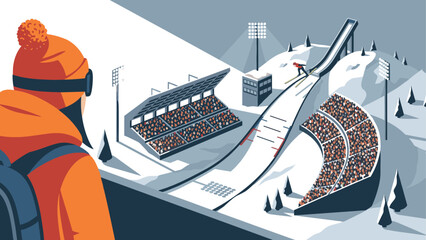 Winter sports competition at ski jump venue with spectators