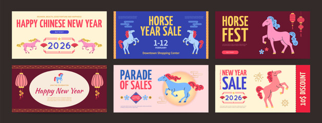Happy Chinese New Year of Red Fire Horse Horizontal Placard Poster Banner Card Template Set. Vector illustration