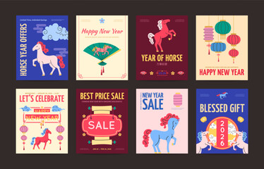 Happy Chinese New Year of Red Fire Horse Concept Vertical Invitation Placard Poster Banner Card Template Set. Vector illustration