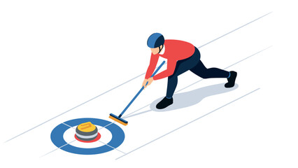 Obraz premium Isometric curling player on ice rink with target in winter sports concept