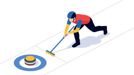 Obraz premium Isometric curling athlete pushing stone on ice rink with target rings
