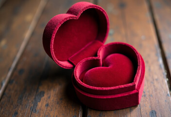Open jewelry box with heart shaped velvet interior, no jewelry