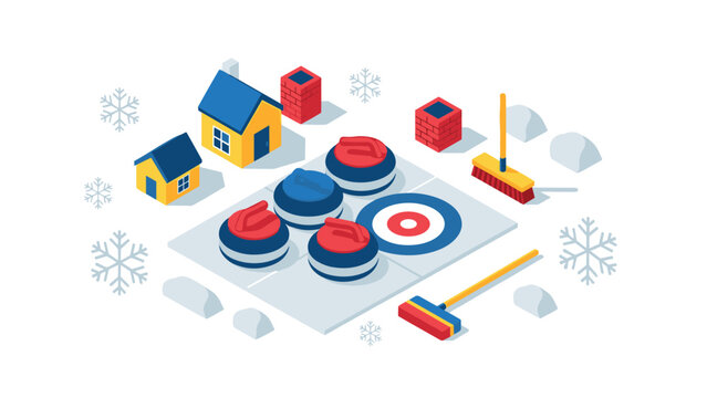 Colorful isometric curling scene with houses and snowflakes