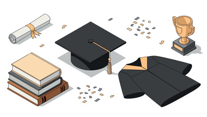 Graduation celebration elements with isometric books, cap, and trophy