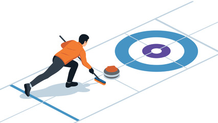 Obraz premium Isometric curling player aiming the stone on ice rink