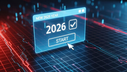 Starting new 2026 year concept on digital screen interface with checkbox tick mark and start button over futuristic tech background