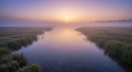 Serene wetland landscape unfolds with soft morning light piercing through dense atmospheric haze
