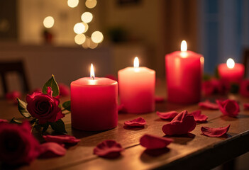 Romantic Valentine&rsquo;s evening at home, candles, soft lighting, cozy atmosphere, lifestyle photography