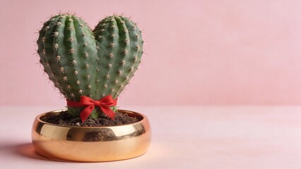 Heart shaped green cactus with sharp spines decorated with a red ribbon bow in a shiny golden pot on soft pink background, symbolizing prickly love, romance and minimal home decor.