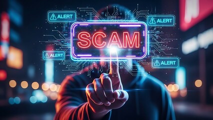 Close up of a human hand's finger pressing and clicking the word SCAM displayed on a brightly lit digital touchscreen interface, concept of cybersecurity awareness and fraud detection