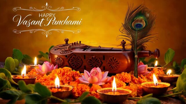 Happy vasant panchami with diwali diyas and peacock feather