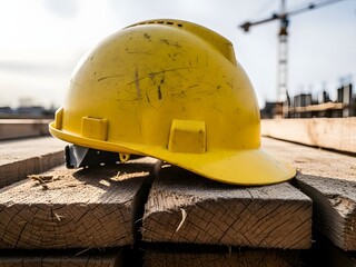 Yellow hard hat on wooden planks at a construction site with crane in background