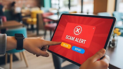 Close up hand of person about to press block button on tablet screen with scam warning pop up message, cybersecurity concept