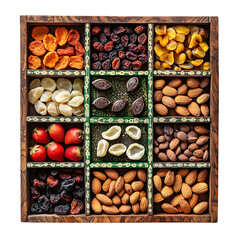 Wooden box filled with assorted dried fruits and nuts on white background isolated on a transparent background 1