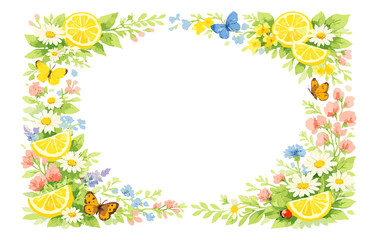 Vibrant floral border with citrus and butterflies in a summer theme