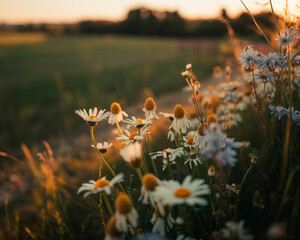 Close up of wildflowers in a field during sunset daisies nature