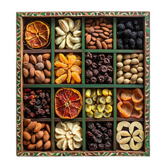 Wooden box filled with assorted dried fruits and nuts on white background isolated on a transparent background