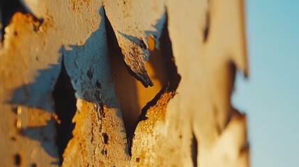 Close up of peeling and rusted metal signage with textured layers and deep shadows suggesting decay and age