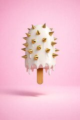 Surreal spiked ice cream popsicle concept blending sweetness and danger on soft pastel pink background