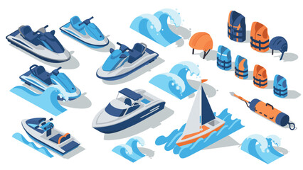 Isometric water sports equipment and activities collection with boats and safety gear