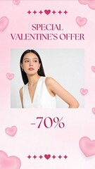 Vertical Valentine s Day sale banner with elegant woman in white top, pink heart decorations and text Special Valentine s Offer -70 , minimal romantic fashion discount advertisement template.