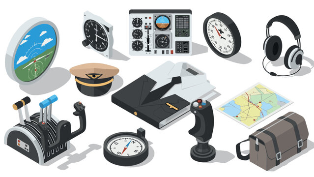 Aviation equipment isometric set with pilot accessories and navigation tools